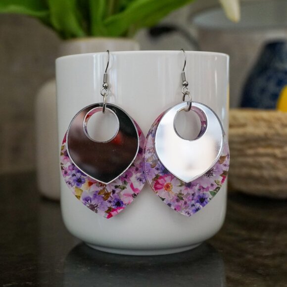 Layered Floral Acrylic Earrings – Mirrored Top Dangle Earrings – Statement - Picture 4 of 11